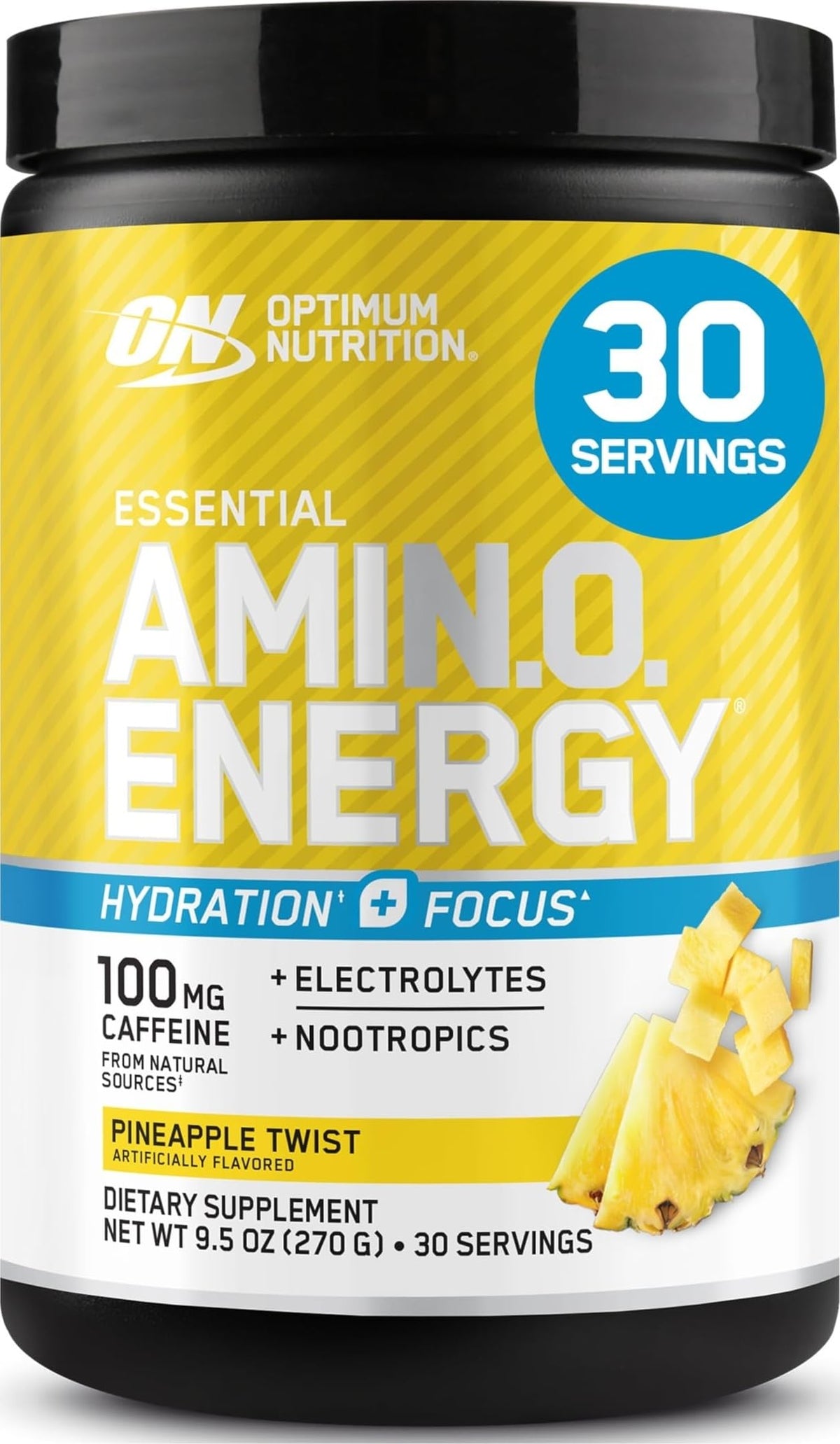 Optimum Nutrition frontal del envase Pineapple Twist que muestra presentación y 30 servicios
