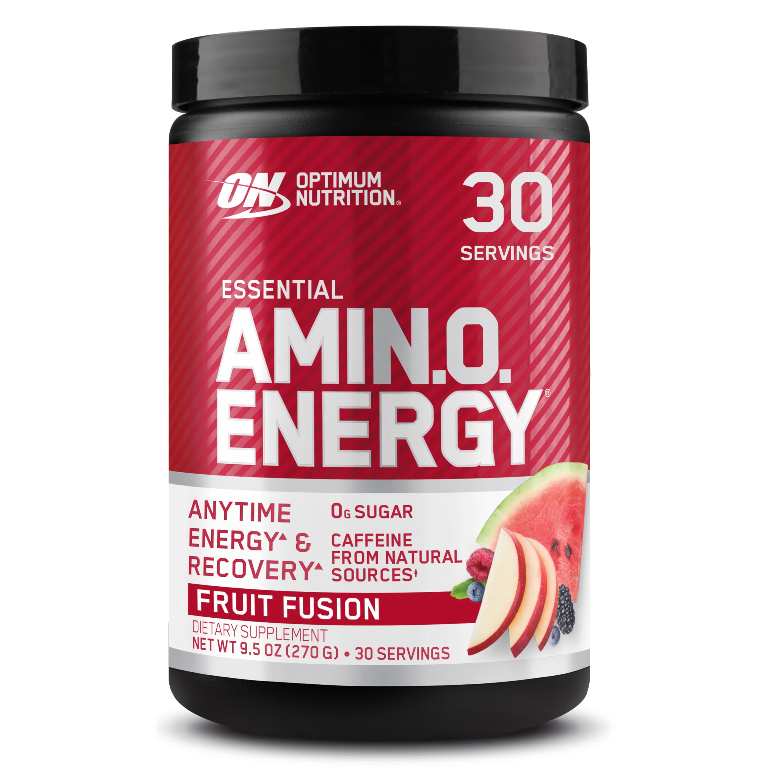 Optimum Nutrition frente del envase mostrando sabor Fruit Fusion y beneficios de energía