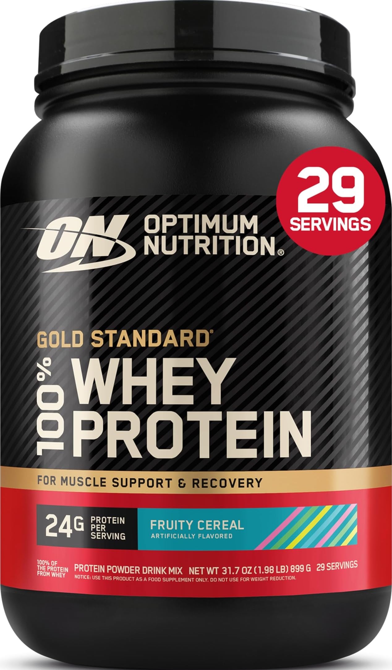 Optimum Nutrition envase frontal Fruity Cereal muestra identidad y sabor