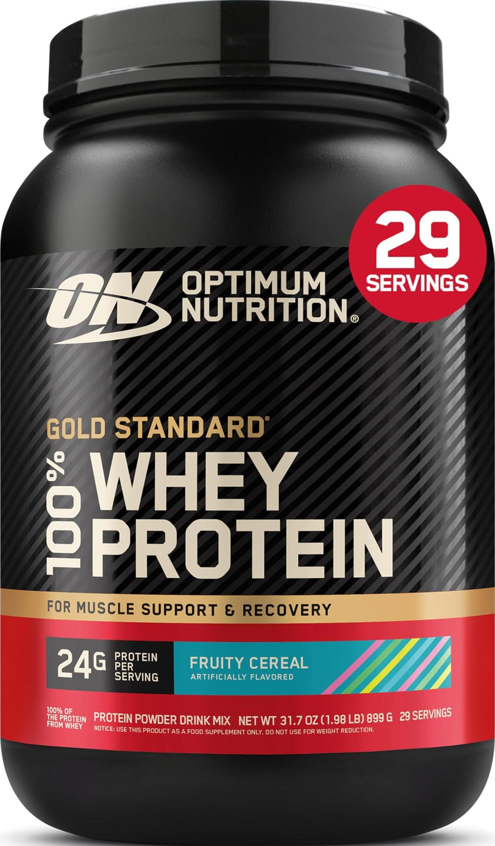 Optimum Nutrition envase frontal Fruity Cereal muestra identidad y sabor
