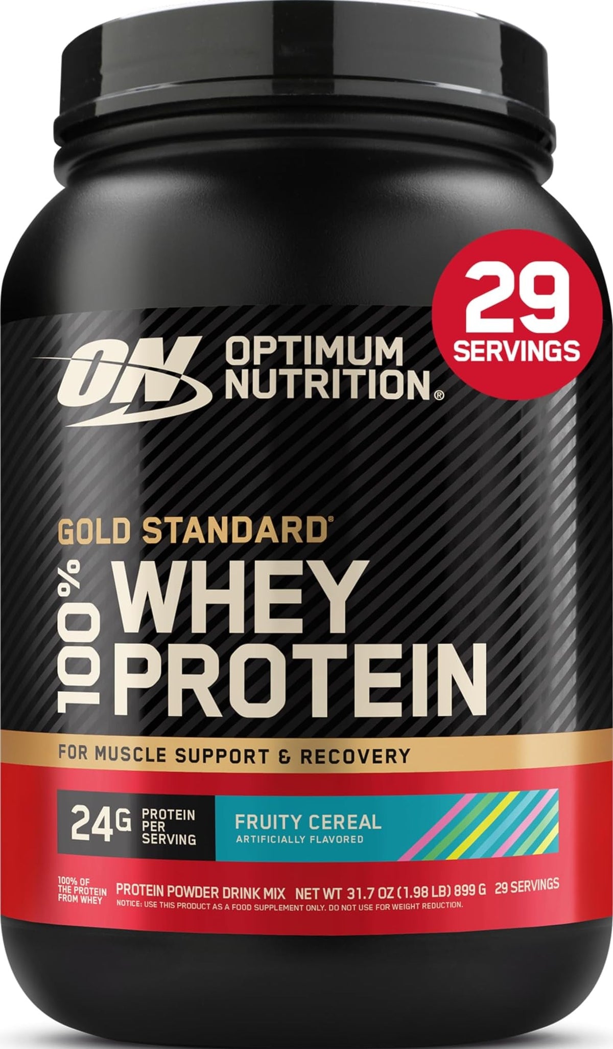 Optimum Nutrition envase frontal Fruity Cereal muestra identidad y sabor