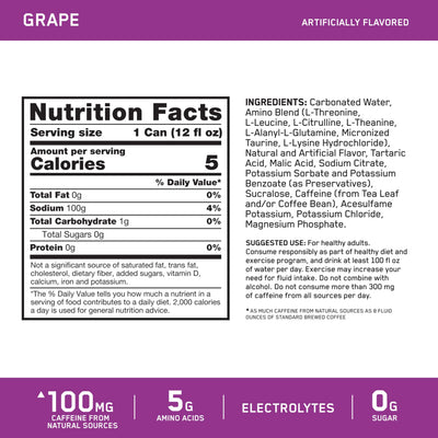 Optimum Nutrition side label detail highlighting caffeine and amino facts