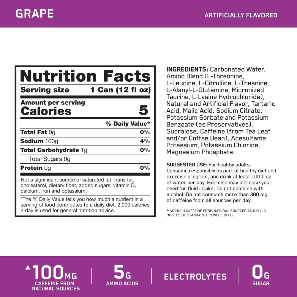 Optimum Nutrition side label detail highlighting caffeine and amino facts