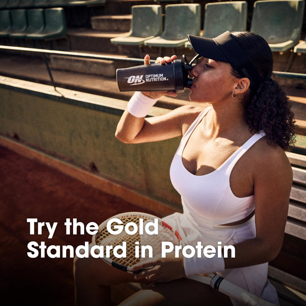 Optimum Nutrition cucharada con polvo e ingredientes para preparar recetas