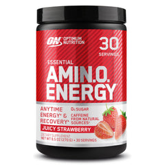 Optimum Nutrition tub front view showing Juicy Strawberry label and usage benefit
