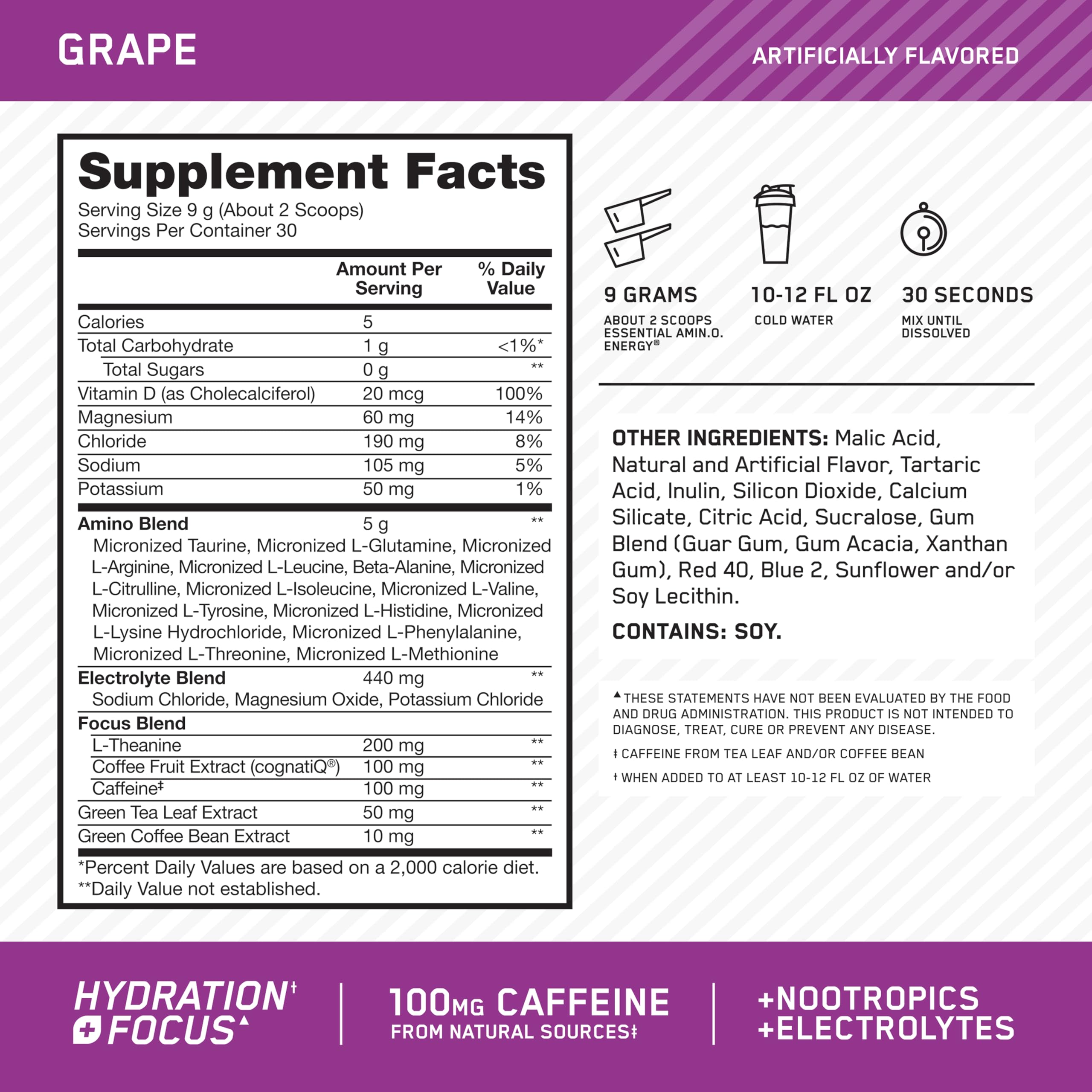Optimum Nutrition polvo morado textura fina que facilita disolución rápida