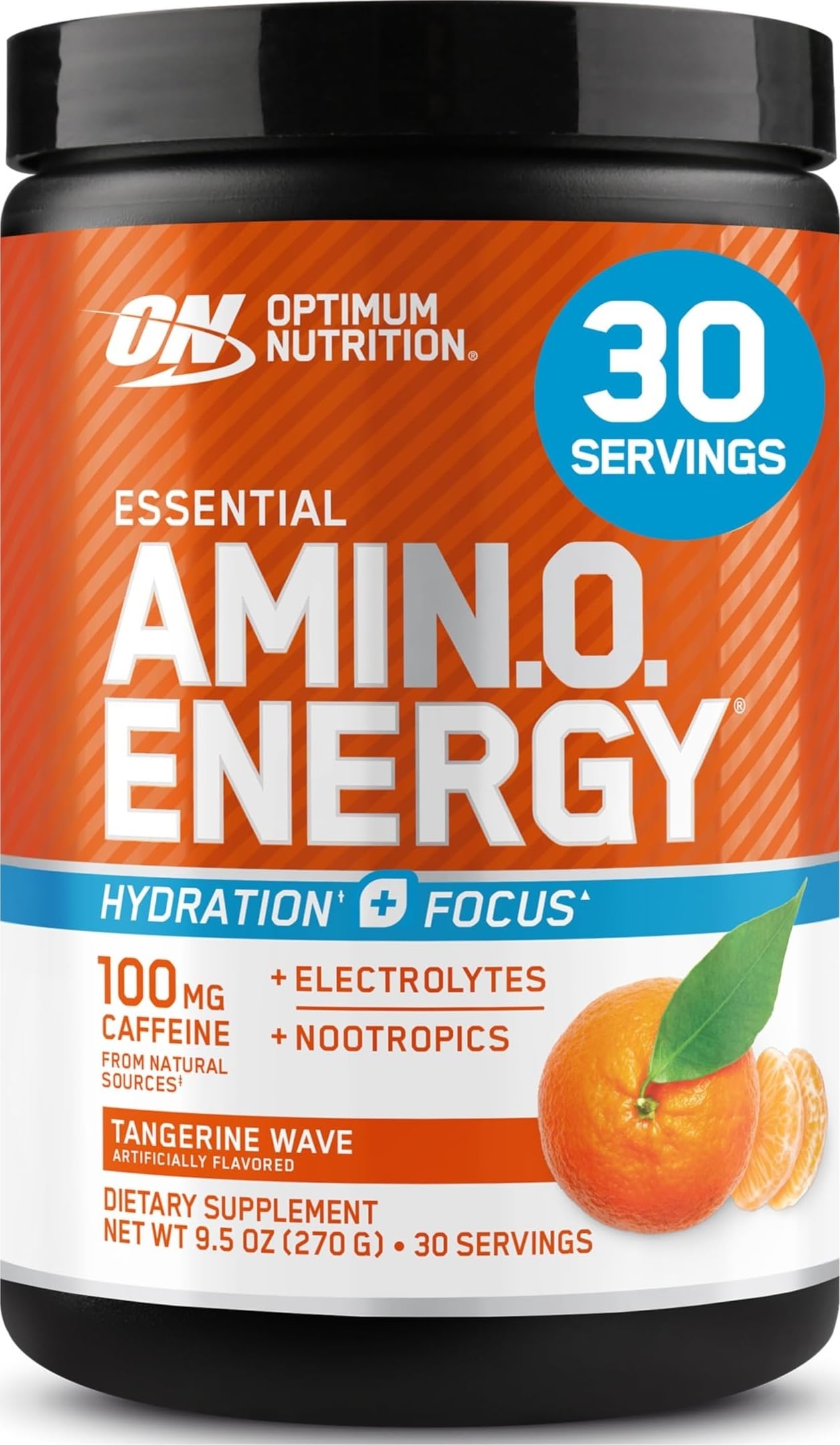 Optimum Nutrition frasco frontal muestra sabor Tangerine Wave y claridad del envase