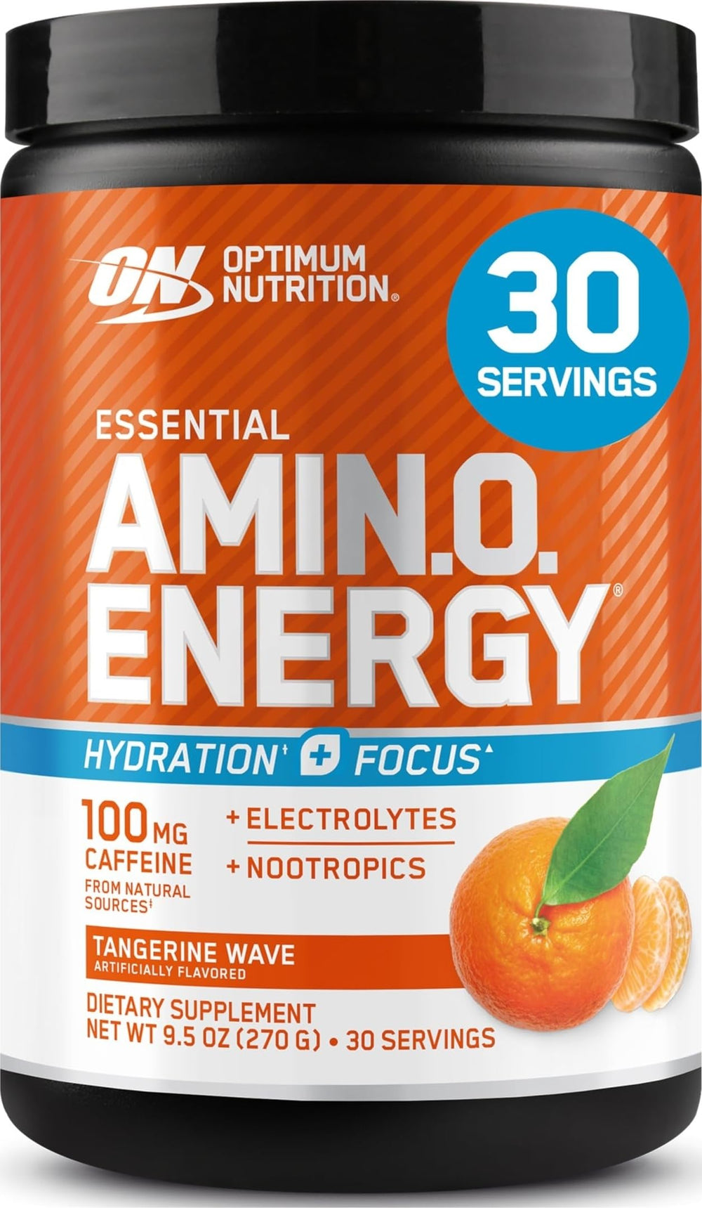 Optimum Nutrition frasco frontal muestra sabor Tangerine Wave y claridad del envase