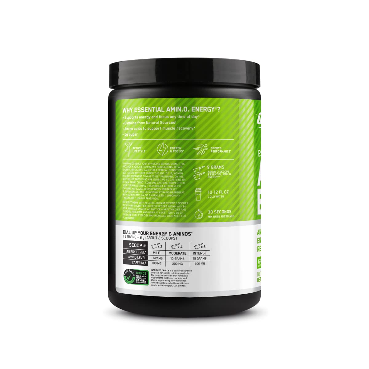 Optimum Nutrition frasco abierto con cucharilla mostrando 30 servicios disponibles