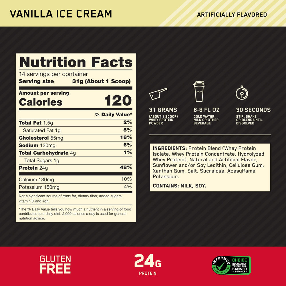Optimum Nutrition scoop of powder demonstrating accurate serving size