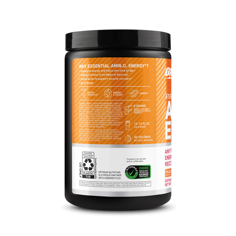 Optimum Nutrition envase junto a una mano para comparar tamaño y conveniencia