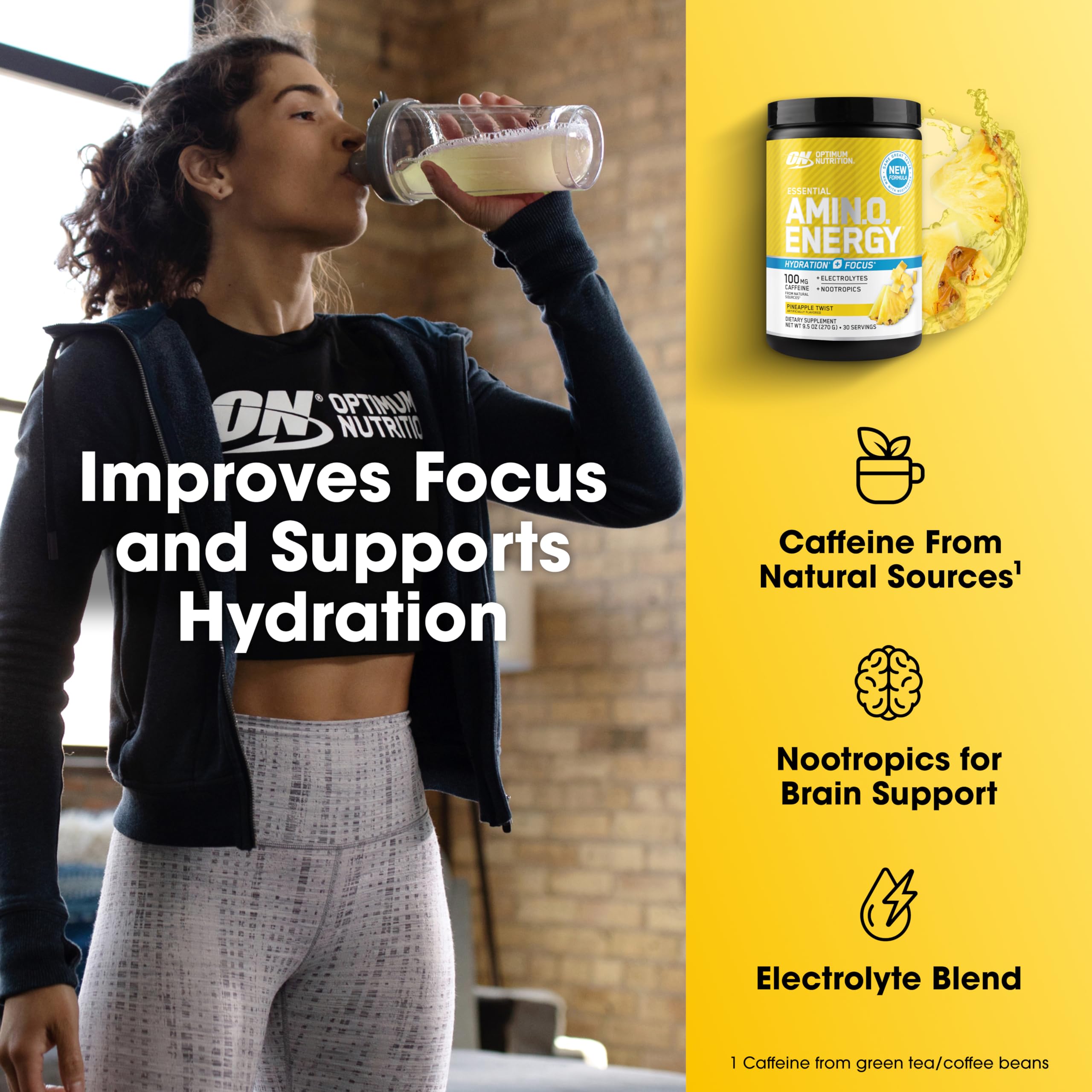 Optimum Nutrition tarro junto a una balanza mostrando tamaño y cantidad de 30 porciones