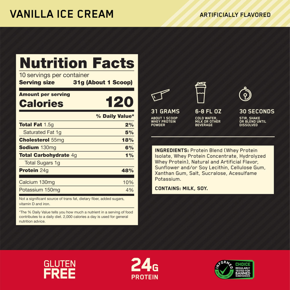Optimum Nutrition polvo de proteína en primer plano mostrando textura fina