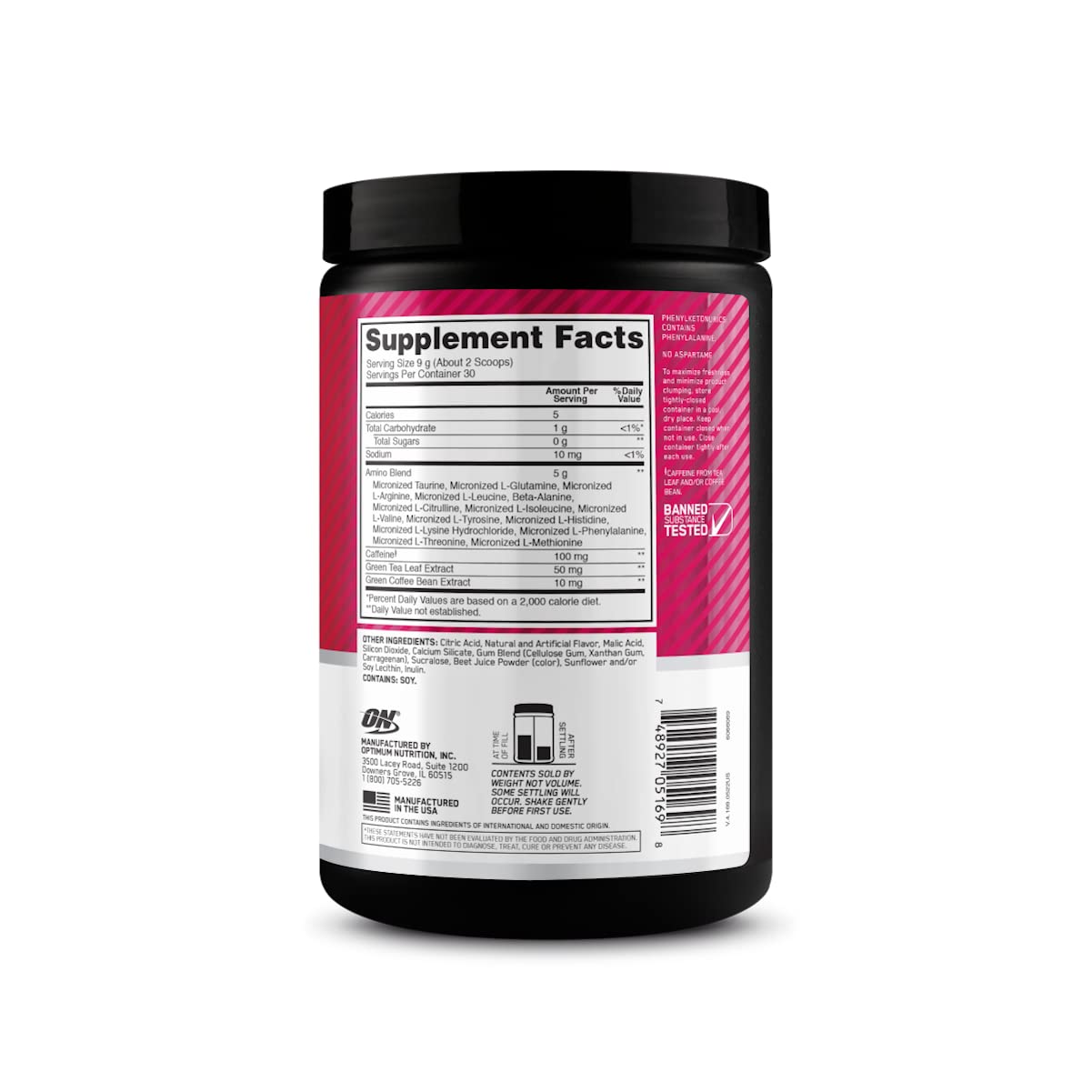 Optimum Nutrition atleta bebiendo antes de entrenar, sugiere energía y concentración