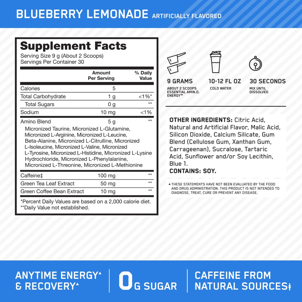 Optimum Nutrition vaso con bebida azul preparada, aporta enfoque y energía