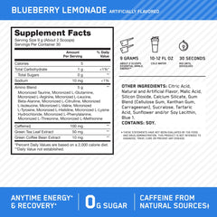 Optimum Nutrition vaso con bebida azul preparada, aporta enfoque y energía