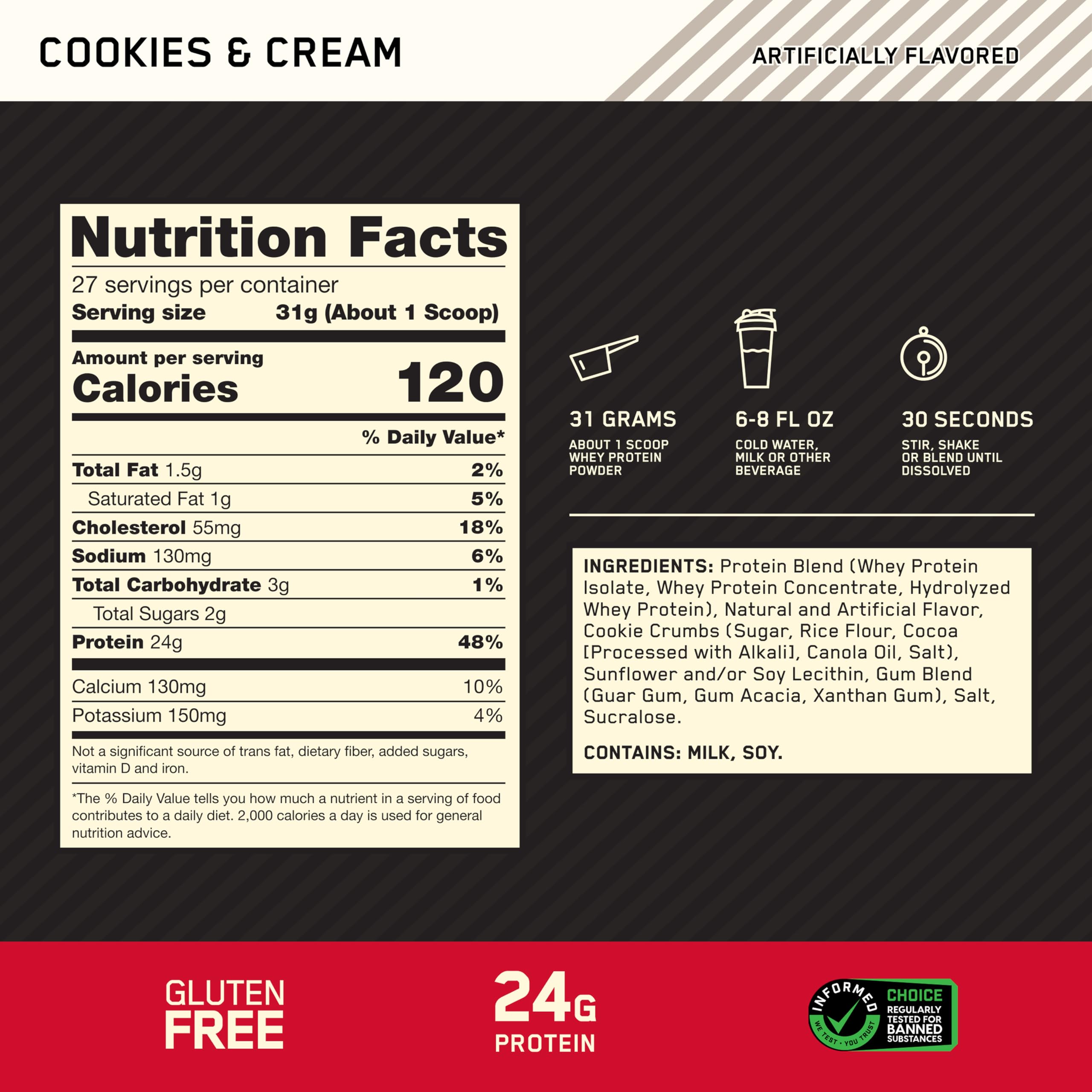 Optimum Nutrition vaso con batido listo, disfrutando recuperación y sabor agradable