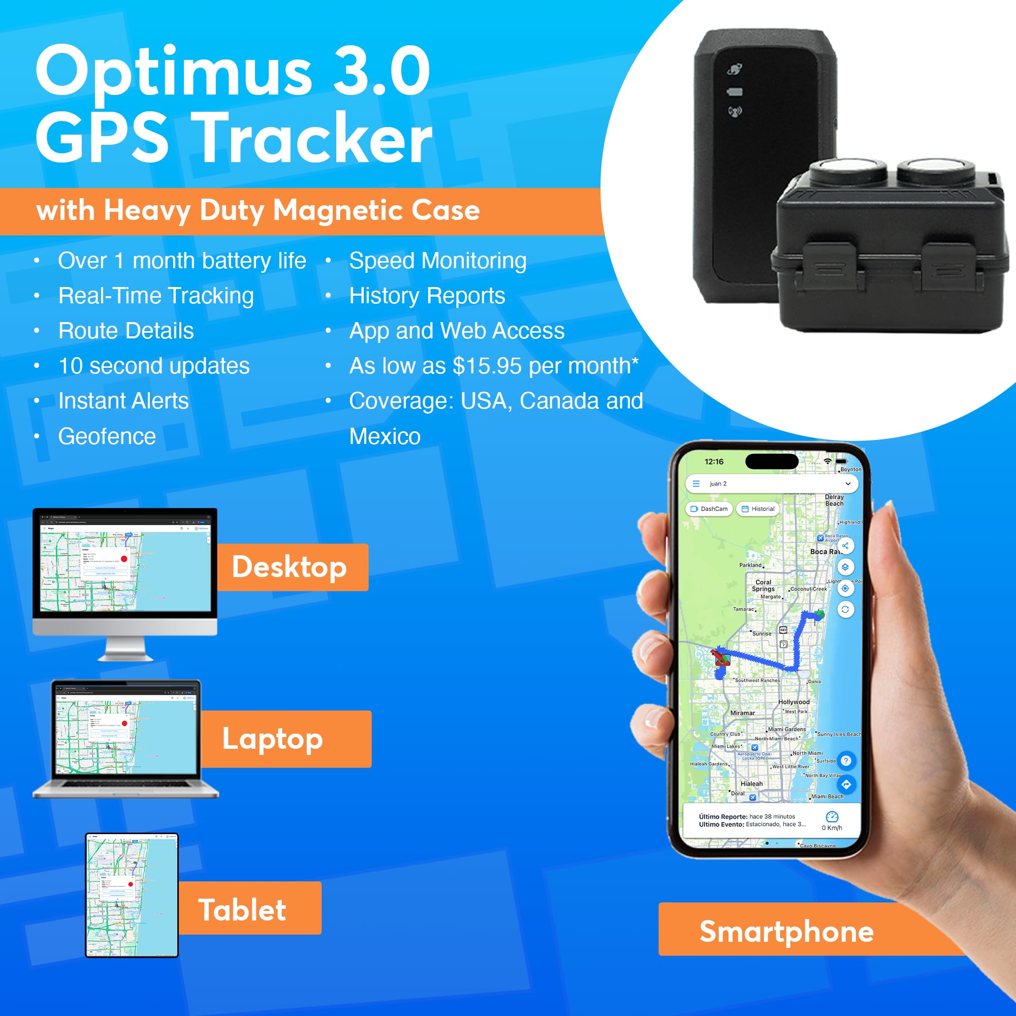 Optimus pantalla de app móvil con ubicación en vivo y alertas