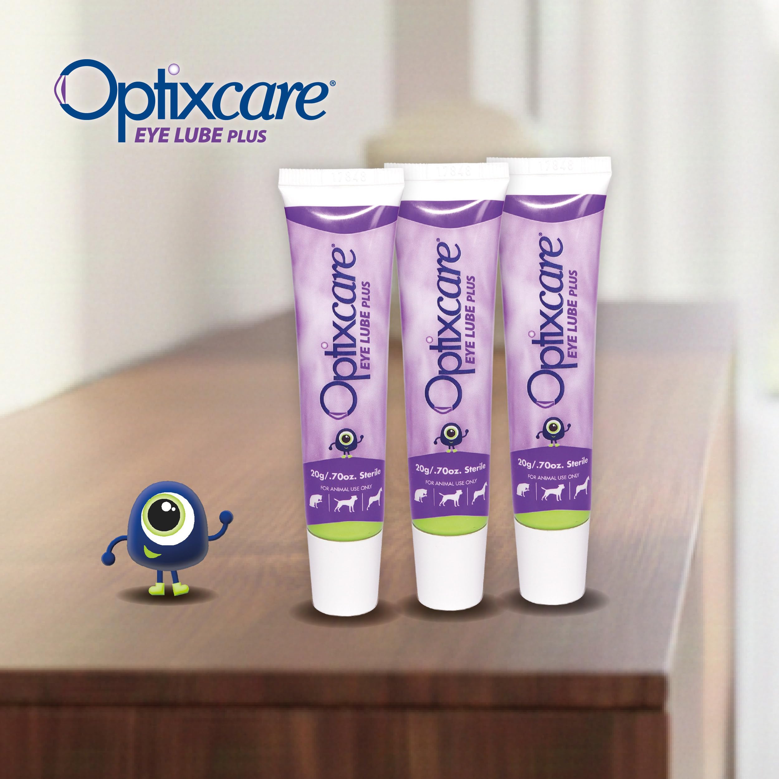 OptixCare comparación de tamaño 20g junto a caballo ilustrando escala y cantidad útil