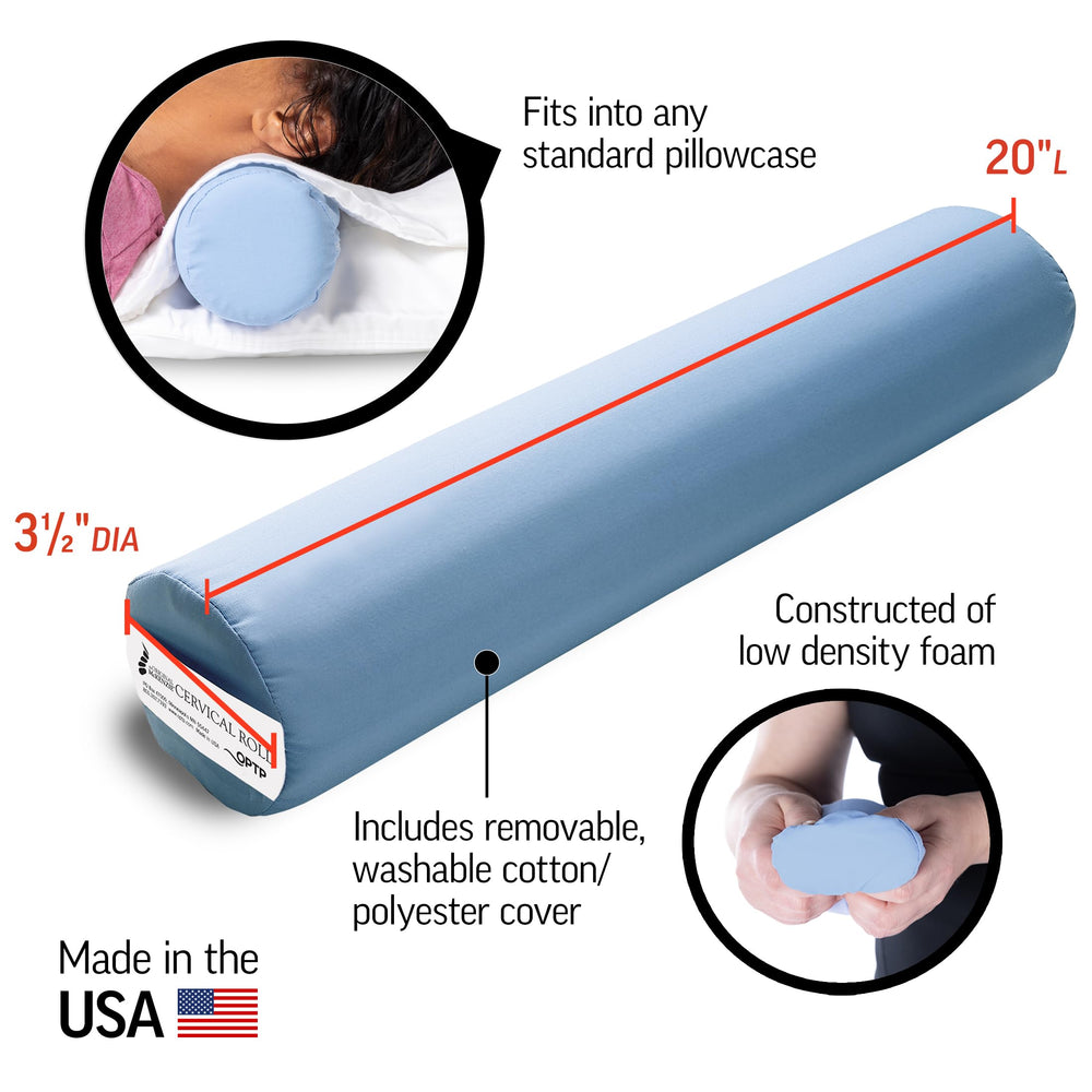 OPTP cervical roll zippered cover detail showing washable convenience and hygiene