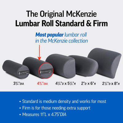 OPTP McKenzie lumbar roll next to hand showing compact portable size