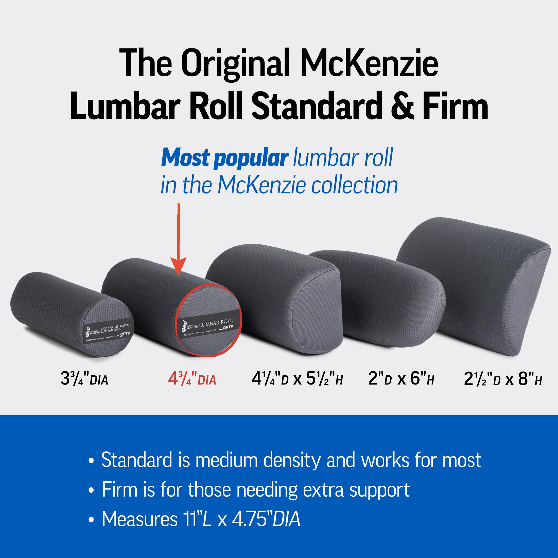 OPTP The Original McKenzie Lumbar Roll comparado con una mano para mostrar escala y portabilidad