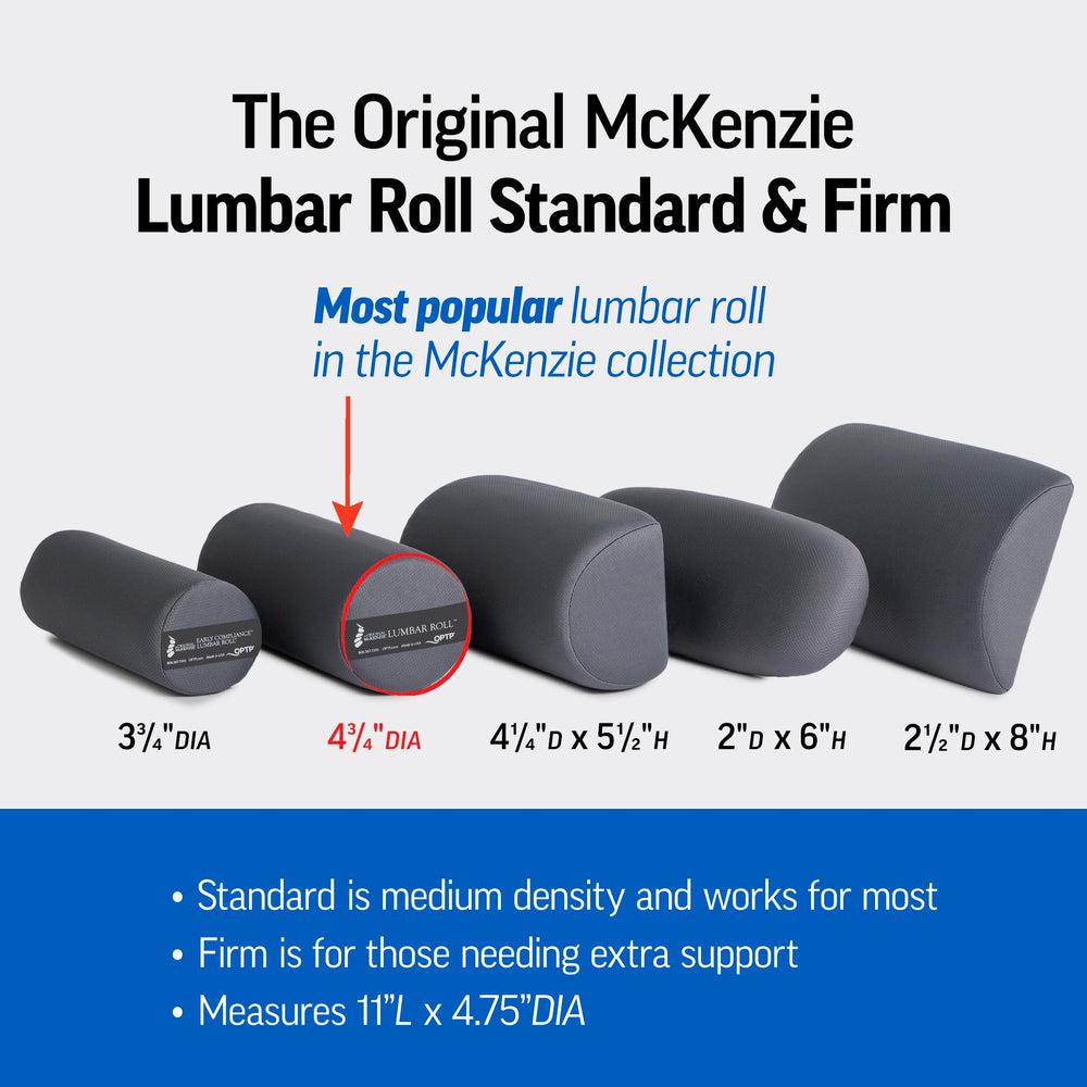 OPTP The Original McKenzie Lumbar Roll comparado con una mano para mostrar escala y portabilidad