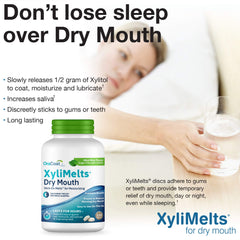 Oracoat disc adhered in mouth demonstrating discreet overnight moisture
