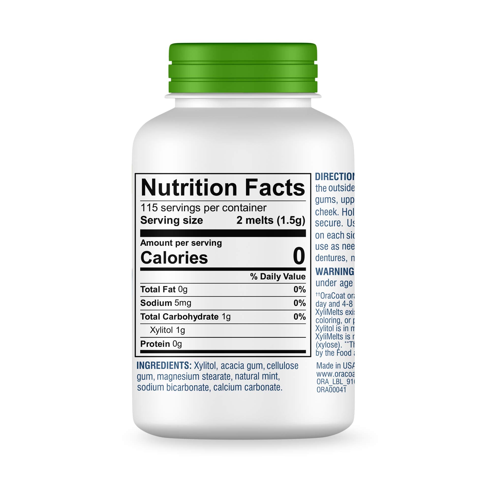 Oracoat label detail listing xylitol and pH balance for oral care benefit