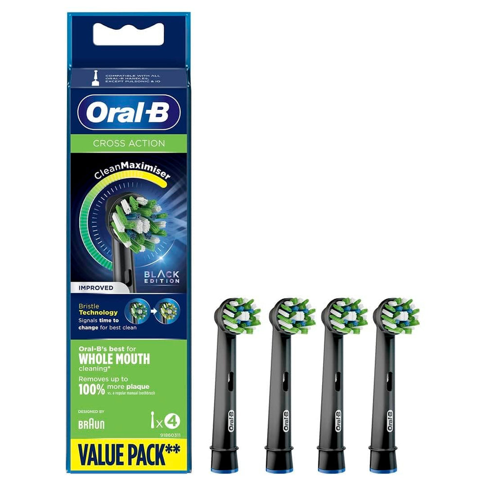 Oral-B cabezal frontal negro mostrando cerdas anguladas para limpieza precisa