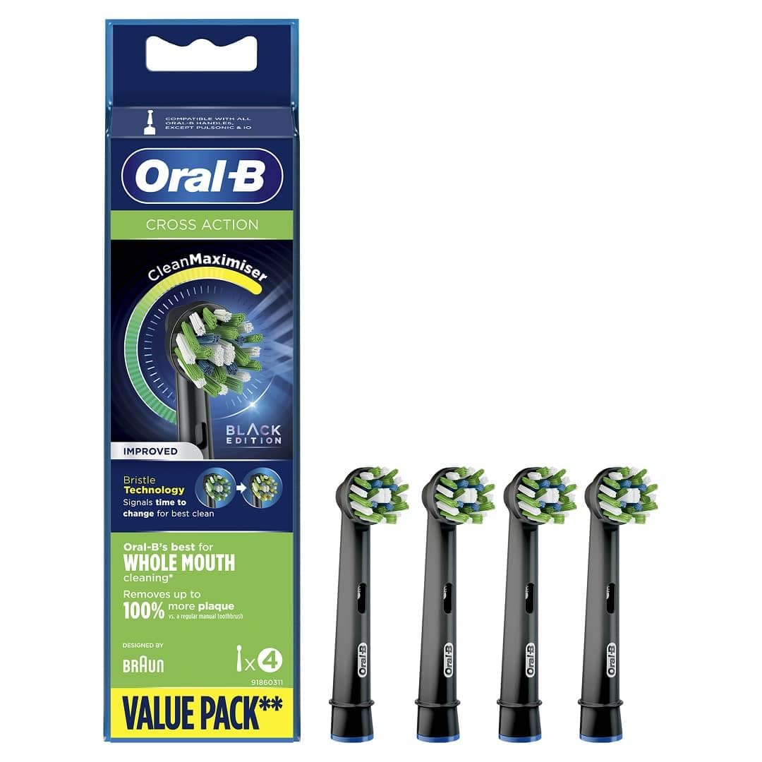 Oral-B cabezal frontal negro mostrando cerdas anguladas para limpieza precisa