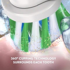 Oral-B CrossAction brush head close-up highlighting angled bristles for better plaque removal