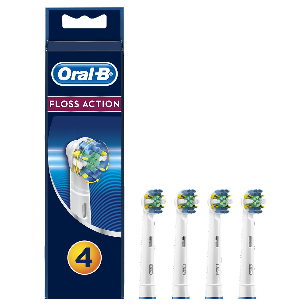 Oral-B vista frontal del paquete con cuatro cabezales y beneficio de recambio práctico