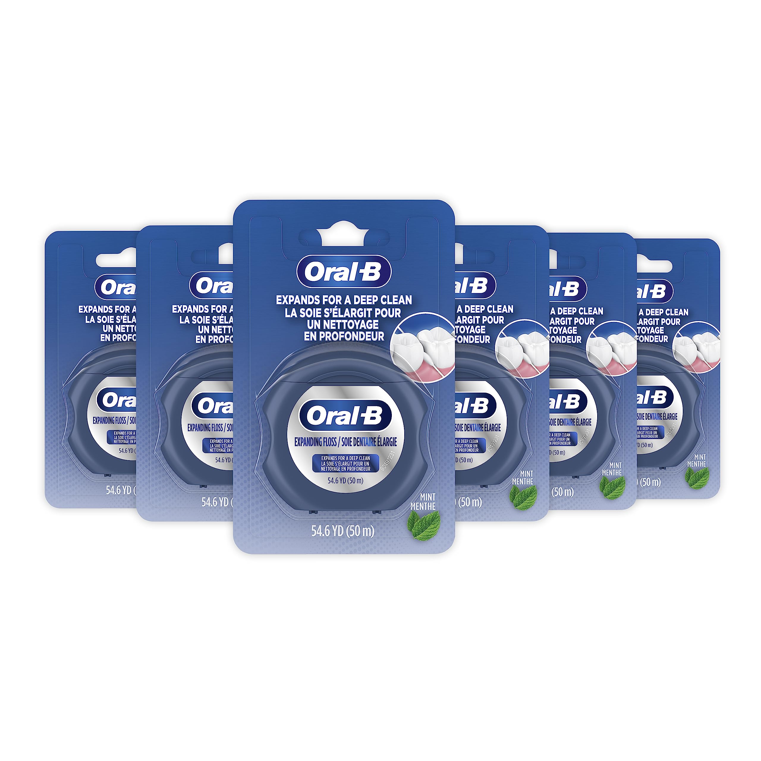 Oral-B frente del empaque expandible con menta mostrando la marca y beneficio práctico