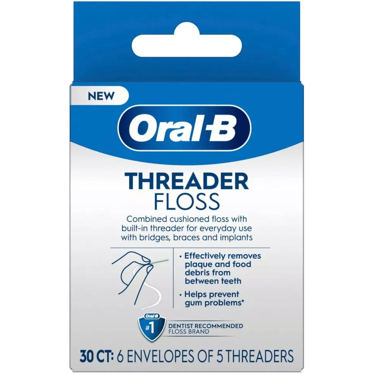 Oral-B Glide Threader Floss vista frontal del paquete, práctica portabilidad