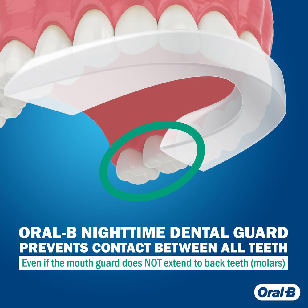 Oral-B mouthguard fitted on upper teeth showing fit and scale against adult teeth