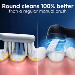 Oral-B comparación de tamaño del cabezal junto a un cepillo manual, demuestra ajuste compacto