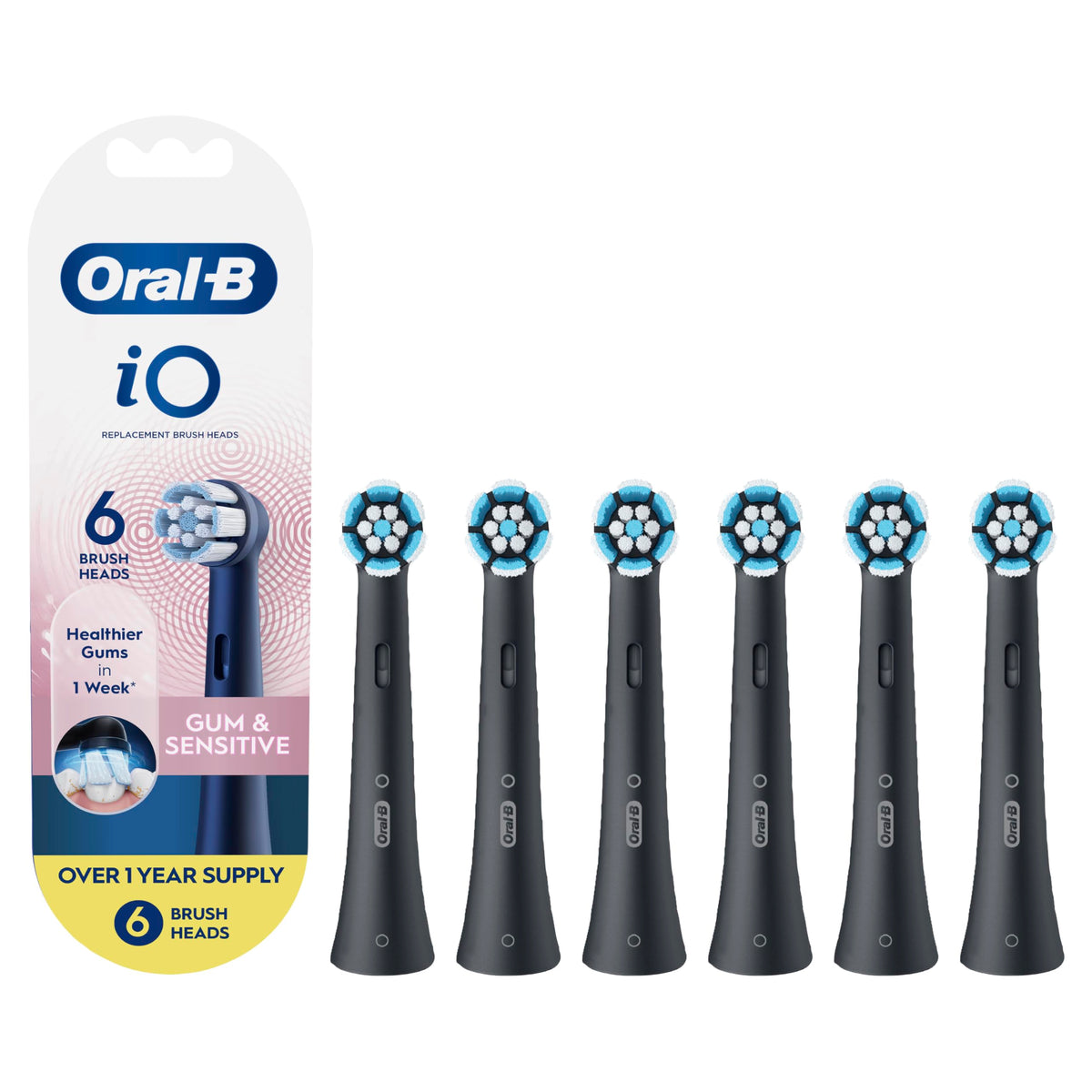 Oral-B primer plano del cabezal negro mostrando cerdas extra suaves y limpieza cómoda