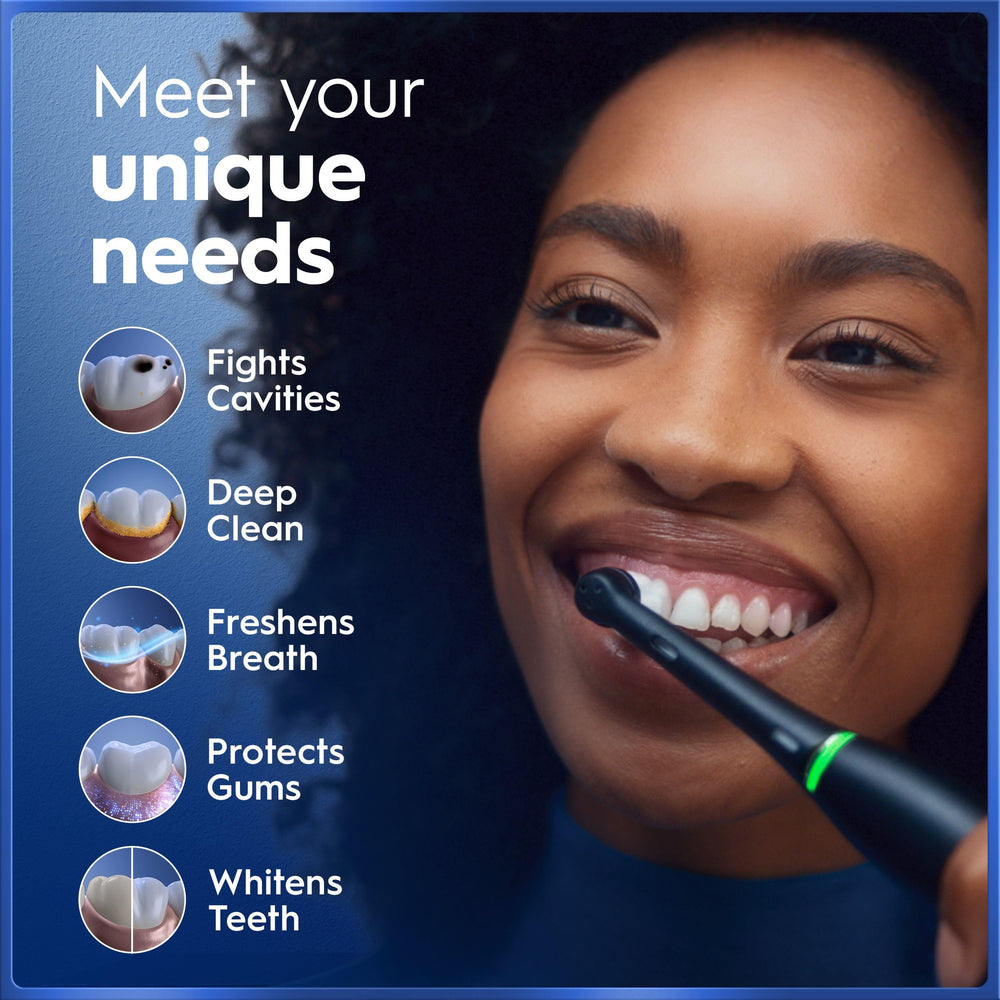 Oral-B iO5 handle display closeup showing smart display and controls for guided brushing