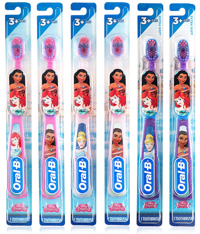 Oral-B vista frontal del envase mostrando princesas y pack de seis, fomenta rutina