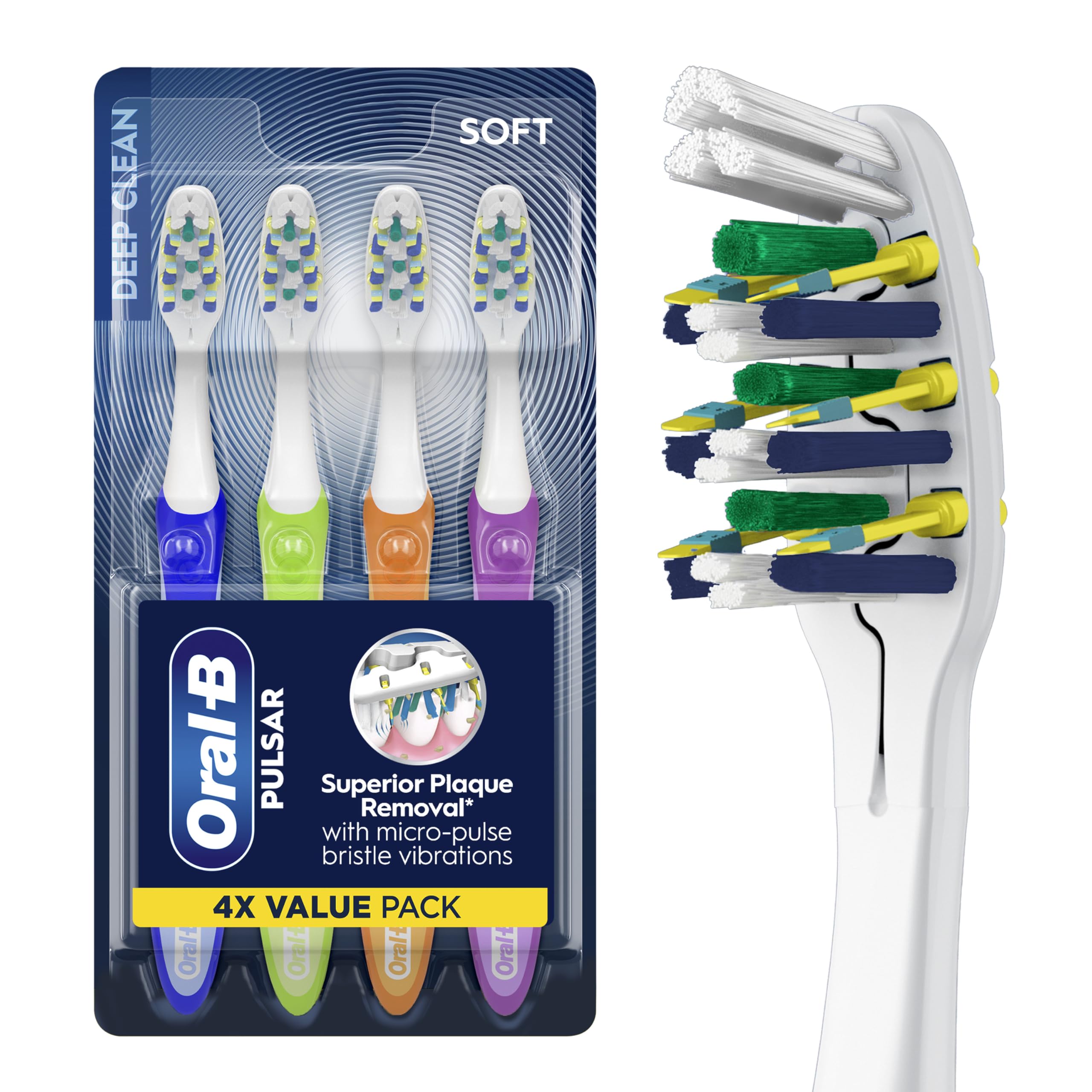 Oral-B Pulsar front packaging showing toothbrush and four heads for convenience