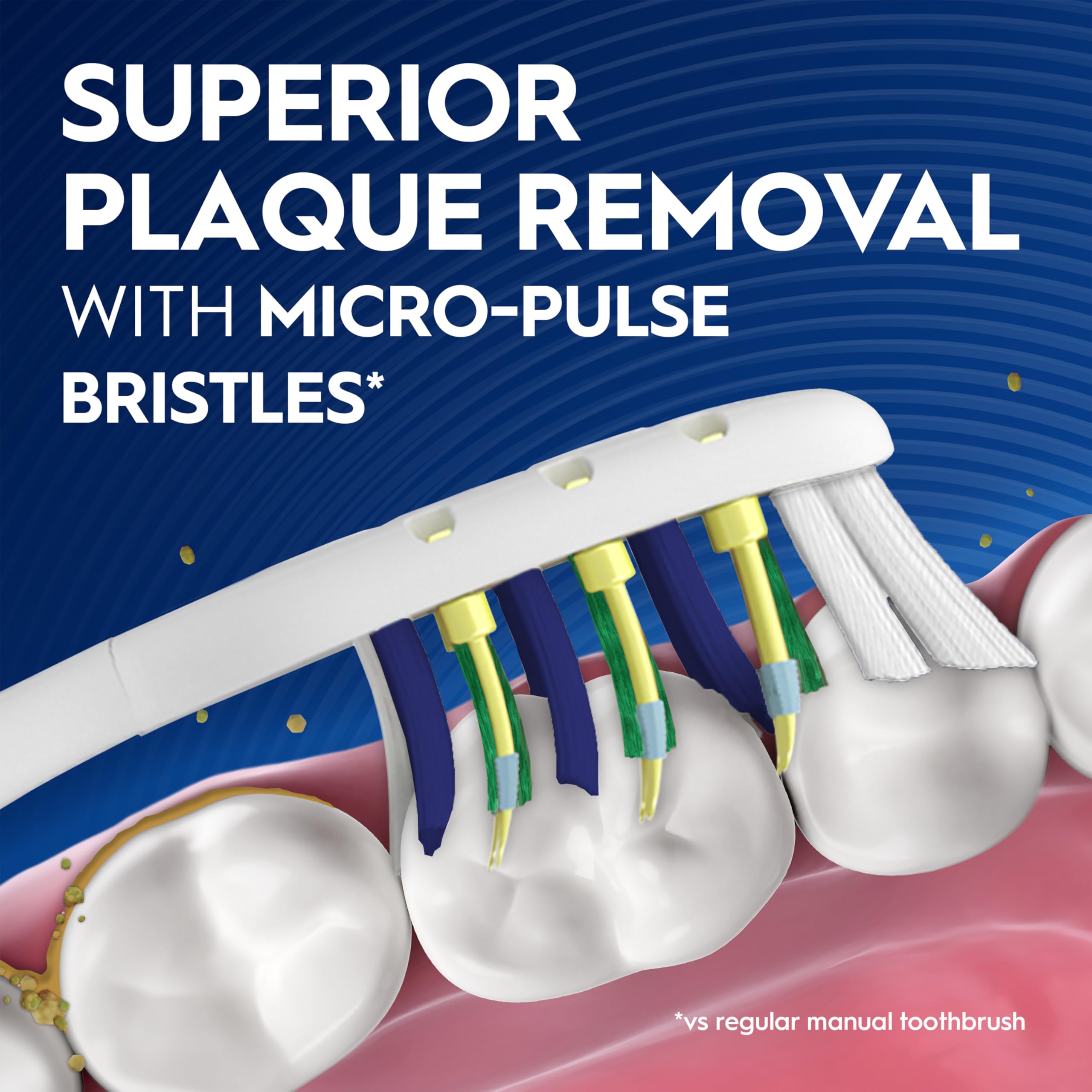 Oral-B Pulsar split head detail illustrating pressure control and targeted reach