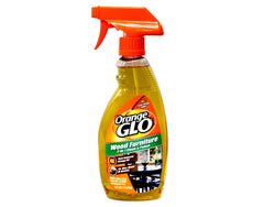 ORANGE GLO etiqueta con mención de aceite de naranja Valencia y beneficio limpiador