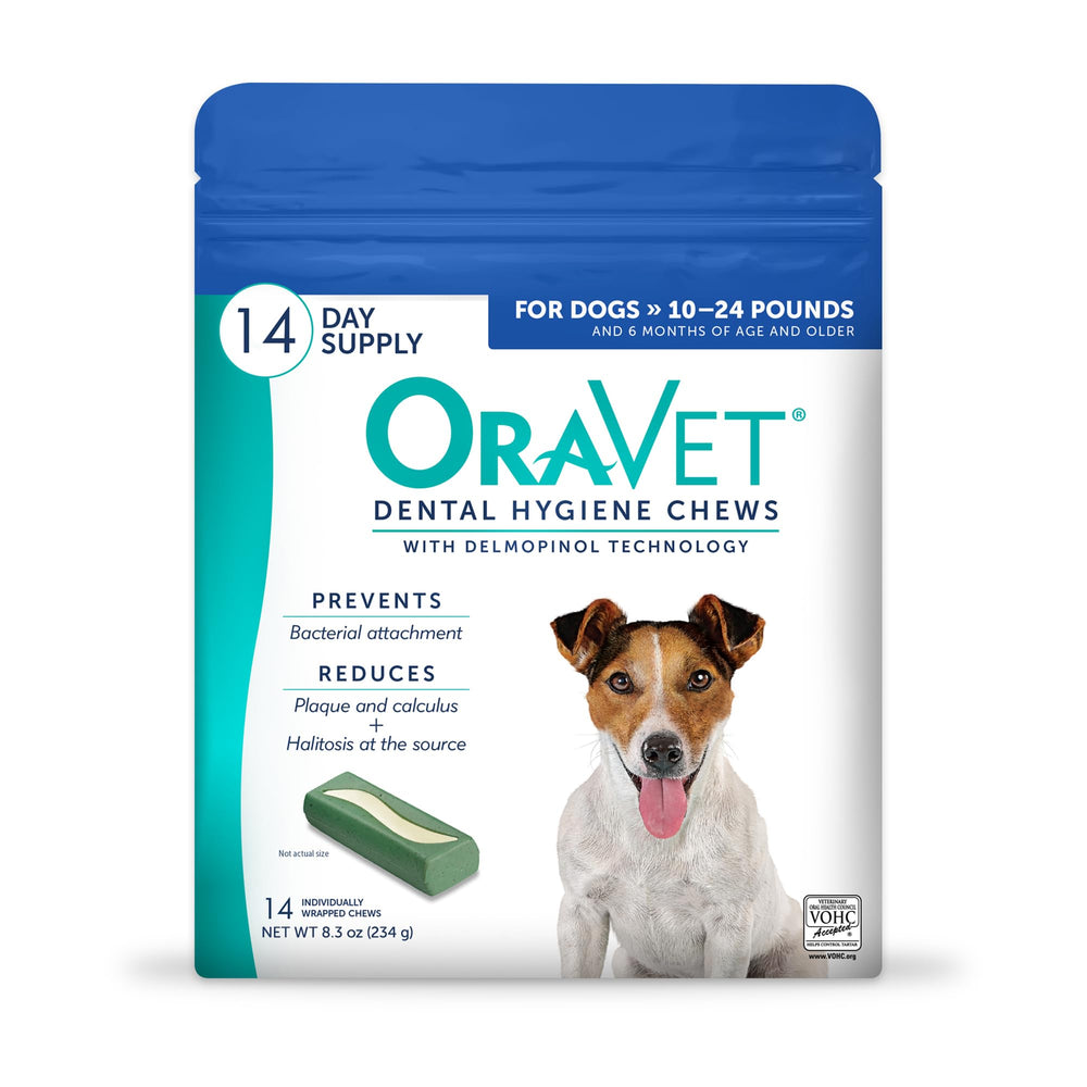 OraVet paquete frontal mostrando 14 masticables y beneficios de higiene