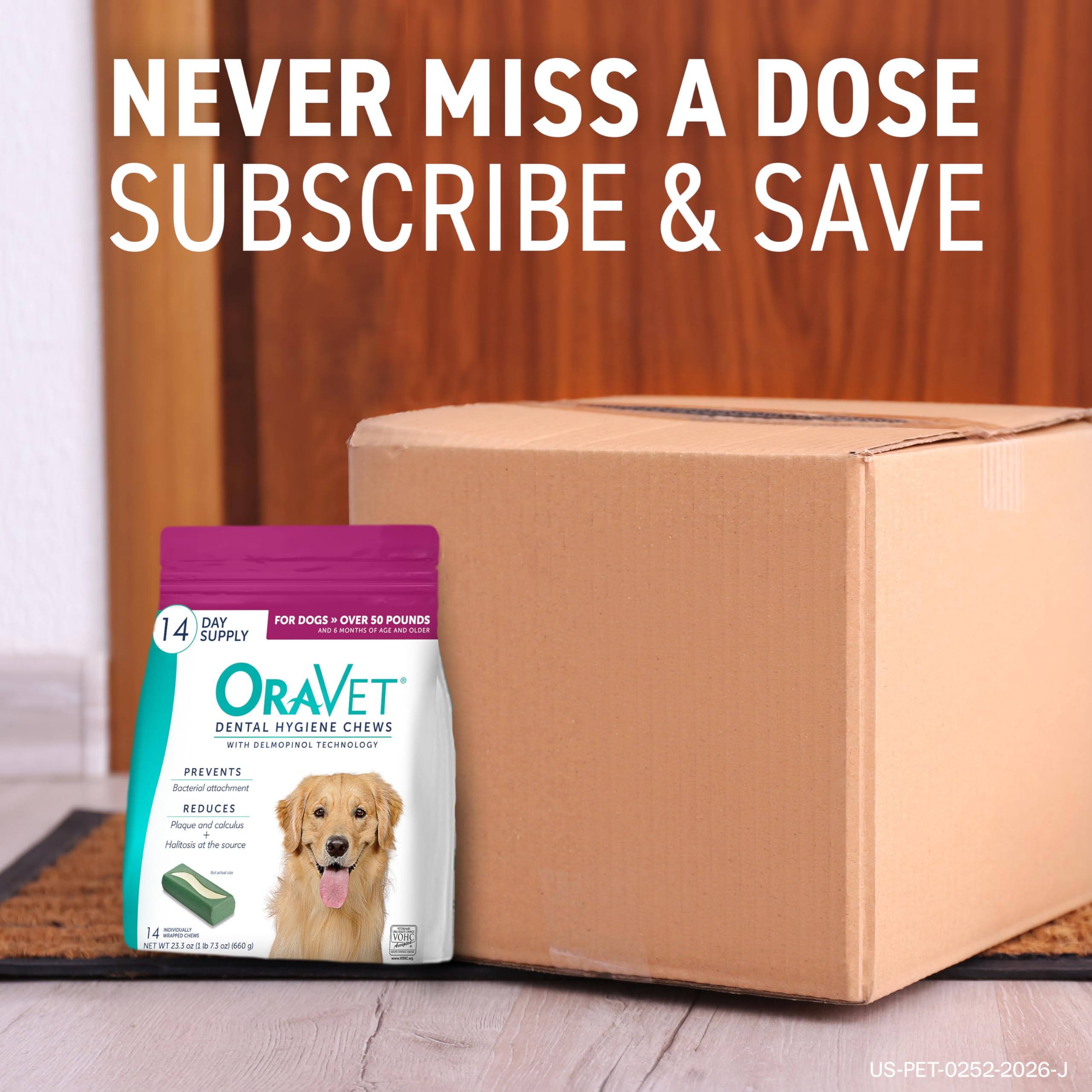 ORAVET pouch beside calendar indicating a month-long supply convenience