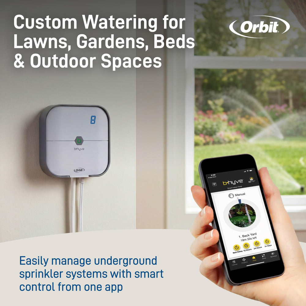 Orbit B-hyve lifestyle garden view showing healthier landscaping with optimized watering