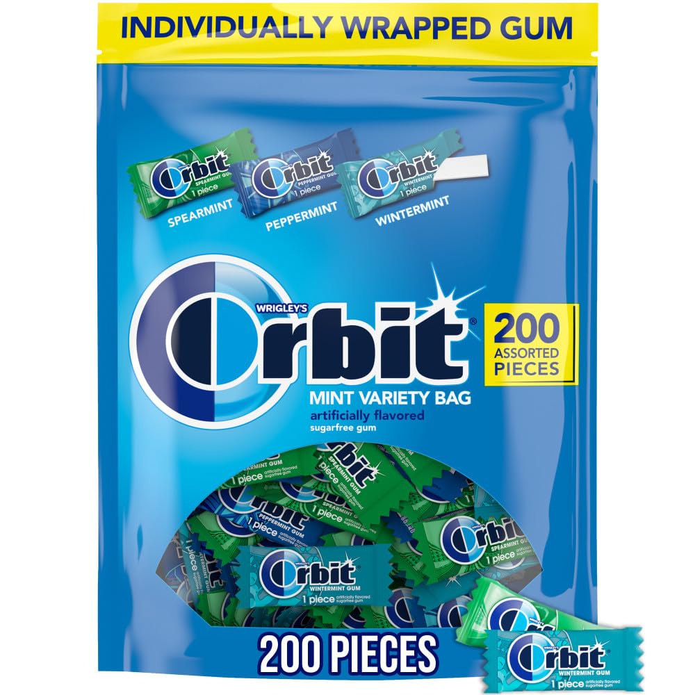 Orbit front packaging showing bulk 200-piece bag and flavors for easy identification and storage