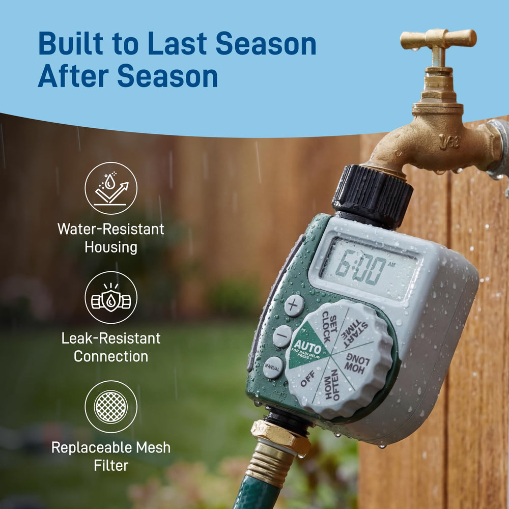 Orbit installed on faucet illustrating durable outdoor mounting benefit
