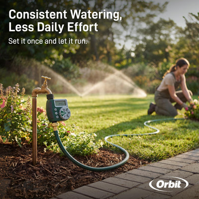 Orbit lifestyle garden scene showing healthier plants with automated watering