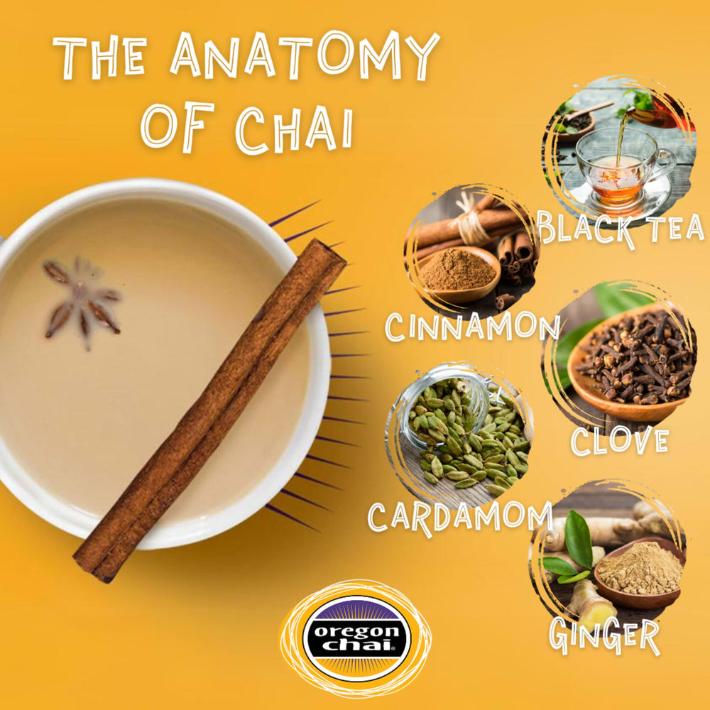 Oregon Chai hot chai latte in mug showcasing creamy froth and bold spice — rich flavor